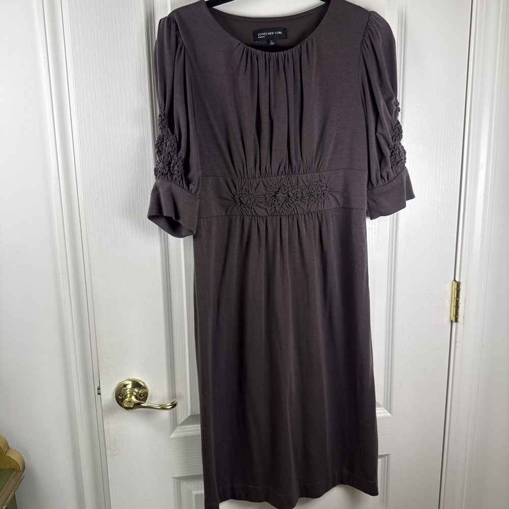 Jones New York Brown Knit Empire Waist Dress Ruched Sleeve Sz 6 Career Casual